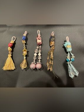 Set of 5 Beaded Tassel Charms in Gold, Pink, Blue, Amber, Aqua